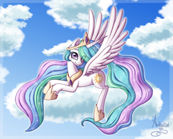 Size: 2492x1994 | Tagged: safe, artist:anthocat, imported from derpibooru, princess celestia, alicorn, pony, cloud, crown, cute, cutelestia, ear fluff, female, jewelry, lying down, mare, on a cloud, prone, redraw, regalia, sky, solo, spread wings, wings