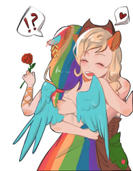 Size: 500x640 | Tagged: artist needed, source needed, safe, imported from derpibooru, applejack, rainbow dash, earth pony, human, pegasus, appledash, bare shoulders, blushing, ear blush, eared humanization, exclamation point, eyes closed, female, flower, heart, hug, humanized, interrobang, lesbian, open mouth, open smile, question mark, rose, shipping, sleeveless, smiling, winged humanization, wings