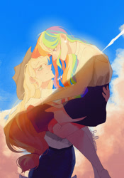 Size: 500x716 | Tagged: safe, artist:yueyong996, imported from derpibooru, applejack, rainbow dash, human, appledash, carrying, female, humanized, lesbian, looking into each others eyes, shipping