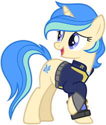 Size: 1024x1209 | Tagged: safe, artist:pegasski, imported from derpibooru, oc, oc only, oc:river splash, pony, unicorn, clothes, female, jumpsuit, mare, simple background, solo, transparent background, vault suit