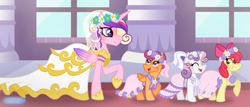 Size: 3336x1430 | Tagged: safe, artist:purplepotato04, imported from derpibooru, apple bloom, princess cadance, scootaloo, sweetie belle, pony, a canterlot wedding, bridesmaid dress, clothes, cutie mark crusaders, dress, flower filly, flower girl, flower girl dress, marriage, wedding, wedding dress