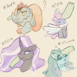 Size: 1500x1501 | Tagged: safe, artist:apatheticxaddict, imported from derpibooru, dragon lord torch, medley brook, nightmare rarity, seabreeze, breezie, dragon, kelpie, pony, unicorn, bap, boop, colored sketch, disembodied hoof, female, male, offscreen character, onomatopoeia, patting, sploosh