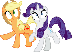 Size: 1175x854 | Tagged: safe, artist:sollace, imported from derpibooru, applejack, rarity, earth pony, pony, unicorn, made in manehattan, .svg available, :o, applejack's hat, cowboy hat, duo, duo female, female, hat, o mouth, open mouth, raised leg, show accurate, simple background, svg, transparent background, vector