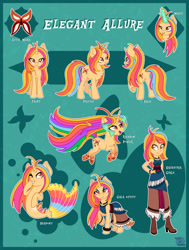 Size: 1024x1355 | Tagged: safe, artist:happy-go-creative, imported from derpibooru, oc, oc:elegant allure, butterfly, sea pony, seapony (g4), unicorn, equestria girls, equestria girl, female, gala outfit, magic, reference sheet, sleeveless