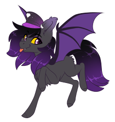 Size: 1766x1870 | Tagged: safe, artist:madspacekitty, imported from derpibooru, oc, oc only, oc:zenaris blackmour, bat pony, pony, :p, bat wings, cute, dyed mane, dyed tail, ear piercing, earring, hat, jewelry, male, piercing, simple background, smiling, solo, stallion, tongue out, transparent background, trap, wings
