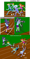 Size: 1081x2152 | Tagged: safe, artist:pheeph, imported from derpibooru, cloudchaser, lightning dust, rainbow dash, sci-twi, sunset shimmer, twilight sparkle, equestria girls, cable, camera, comic, equestria girls-ified, old master q, parody, running, sports, track and field, tripping