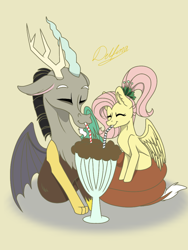 Size: 768x1024 | Tagged: safe, artist:delfinaluther, imported from derpibooru, discord, fluttershy, draconequus, pegasus, pony, the last problem, ^^, chocolate, discoshy, drinking, eyes closed, female, food, happy, male, shake, shipping, signature, simple background, smiling, straight, straw, tail wrap, yellow background