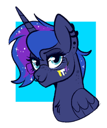 Size: 376x449 | Tagged: safe, artist:lulubell, imported from derpibooru, princess luna, alicorn, pony, alternate hairstyle, ear piercing, earring, eyebrows, glasses, jewelry, nonbinary, nonbinary pride flag, nose piercing, piercing, pride, pride flag, short hair, smiling, solo