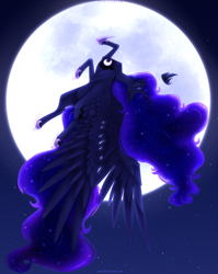 Size: 4280x5388 | Tagged: safe, artist:honeybbear, imported from derpibooru, princess luna, pony, absurd file size, absurd resolution, flying, moon, solo