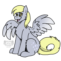 Size: 1500x1500 | Tagged: safe, artist:sursiq, imported from derpibooru, derpy hooves, pegasus, pony, cutie mark, female, full body, fullbody, mare, open mouth, simple background, sitting, smiling, solo, spread wings, watermark, white background, wings