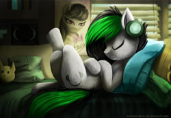 Size: 1024x703 | Tagged: safe, artist:aschenstern, imported from derpibooru, octavia melody, oc, oc:degrano, earth pony, pony, bed, dune, headphones, pillow, window