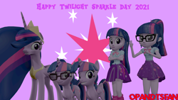 Size: 3840x2160 | Tagged: safe, artist:optimussparkle, imported from derpibooru, sci-twi, twilight sparkle, alicorn, pony, unicorn, equestria girls, equestria girls series, the last problem, 3d, crossed arms, equestria girls ponified, female, glasses, grin, high res, human ponidox, mare, multeity, older, older twilight, open mouth, open smile, ponified, princess twilight 2.0, self ponidox, smiling, source filmmaker, sparkle sparkle sparkle, time paradox, twilight sparkle (alicorn), twilight sparkle day, twolight, unicorn sci-twi, waving