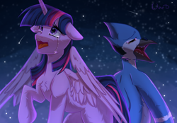 Size: 2944x2048 | Tagged: safe, artist:maybeweed, imported from derpibooru, twilight sparkle, alicorn, aeroplanes and meteor showers, chest fluff, crossover, crossover shipping, crying, eyes closed, female, floppy ears, high res, male, meme, mordecai, mordetwi, redraw mordetwi meme, regular show, shipping, straight, twilight sparkle (alicorn)