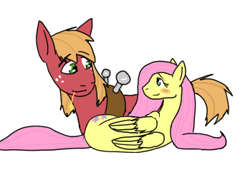 Size: 349x255 | Tagged: safe, artist:moonstruck-badger, imported from derpibooru, big macintosh, fluttershy, earth pony, pegasus, pony, blushing, cropped, female, fluttermac, looking at each other, lying down, male, mare, shipping, simple background, smiling, smiling at each other, stallion, straight, straw in mouth, white background