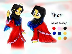 Size: 3205x2404 | Tagged: safe, artist:liaaqila, imported from derpibooru, oc, oc only, oc:jiwa baik, earth pony, pony, equestria girls, clothes, commission, dress, equestria girls-ified, female, grin, high res, hijab, islam, malaysia, mare, reference sheet, scarf, smiling, solo, traditional art, waving