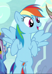 Size: 496x705 | Tagged: safe, imported from derpibooru, screencap, discord, rainbow dash, pegasus, pony, what about discord?, cropped, flying, offscreen character, open mouth, smiling, solo