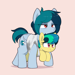 Size: 1550x1550 | Tagged: safe, artist:shinodage, imported from ponybooru, oc, oc only, oc:apogee, oc:delta vee, pegasus, pony, carrying, clothes, cute, diageetes, dirty clothing, duo, female, filly, freckles, mare, mother and child, mother and daughter, ocbetes, parent and child, pink background, shared clothing, shirt, simple background, smiling, unamused