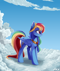 Size: 1600x1900 | Tagged: safe, artist:ponykillerx, imported from twibooru, rainbow dash, pony, banned from derpibooru, cloud, element of loyalty, image, on a cloud, png, sideways, standing on cloud