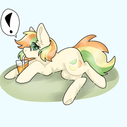 Size: 1280x1280 | Tagged: safe, artist:bunnbunnix, imported from twibooru, oc, oc only, oc:citrus zest, earth pony, pony, artfight, colored pupils, drink, drinking, exclamation point, female, glass, grass, image, juice, looking at you, mare, png, profile, prone, solo, speech bubble, straw in mouth, underhoof