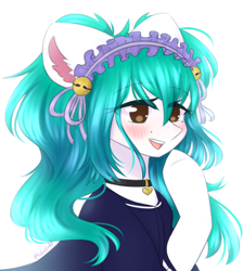 Size: 950x1060 | Tagged: safe, artist:chieluff, imported from twibooru, oc, oc only, earth pony, pony, artfight, beauty mark, bell, blushing, clothes, collar, eye clipping through hair, eyebrows visible through hair, female, hairband, headband, headdress, image, mare, mole, one hoof raised, open mouth, pigtails, png, ribbon, simple background, smiling, solo, white background