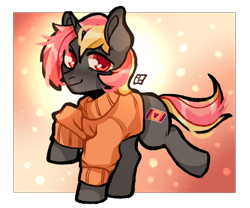 Size: 2400x2000 | Tagged: safe, artist:harald_horfager, imported from twibooru, oc, oc only, oc:apricot sweaters, pony, unicorn, abstract background, artfight, clothes, colored pupils, image, looking at you, male, png, simple background, smiling, solo, stallion, sweater, transparent background