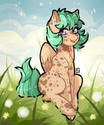 Size: 2000x2400 | Tagged: safe, artist:harald_horfager, imported from twibooru, oc, oc only, oc:crunchie, pegasus, pony, artfight, cloud, female, flower, grass, heart, image, looking at you, mare, markings, open mouth, png, sitting, sky, smiling, solo, spots