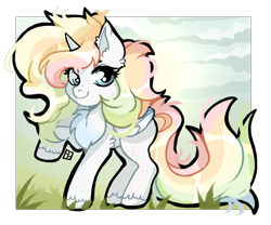 Size: 2400x2000 | Tagged: safe, artist:harald_horfager, imported from twibooru, oc, oc only, oc:white rainbow, alicorn, pony, artfight, chest fluff, cloud, female, grass, image, long tail, looking at you, mare, markings, multicolored hair, one hoof raised, png, simple background, smiling, smiling at you, solo, spots, standing, transparent background, unshorn fetlocks
