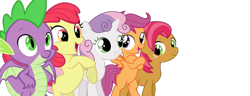 Size: 989x378 | Tagged: safe, artist:kingharald, artist:paddixx, artist:phucknuckl, edit, editor:undeadponysoldier, imported from ponybooru, vector edit, apple bloom, babs seed, scootaloo, spike, sweetie belle, dragon, earth pony, pegasus, pony, unicorn, adorababs, adorabloom, bipedal, cute, cutealoo, cutie mark crusaders, determined, diasweetes, female, filly, freckles, happy, missing accessory, simple background, spikabetes, squad, superior, transparent background, vector, winged spike, wings