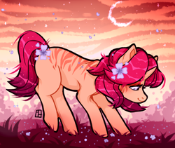 Size: 1900x1600 | Tagged: safe, artist:harald_horfager, imported from twibooru, oc, oc only, oc:strawberry, pony, unicorn, artfight, cloud, female, flower, gradient hooves, grass, image, looking down, mare, markings, moon, petals, png, profile, solo, stripes
