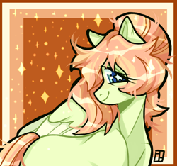 Size: 1600x1500 | Tagged: safe, artist:harald_horfager, imported from twibooru, oc, oc only, oc:tinkerbell, pegasus, pony, abstract background, artfight, female, hair bun, image, looking at you, mare, png, profile, smiling, smiling at you, solo, sparkles, starry eyes, stars, two toned wings, wingding eyes, wings