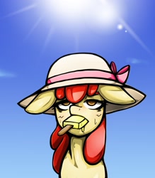 Size: 1543x1764 | Tagged: safe, artist:kyouman1010, imported from derpibooru, apple bloom, earth pony, pony, blushing, eating, female, filly, floppy ears, food, hat, hot, ice cream, ice cream bar, lidded eyes, mouth hold, popsicle, solo, sun, sweat