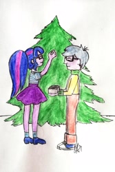 Size: 1528x2292 | Tagged: safe, artist:fude-chan-art, imported from derpibooru, microchips, sci-twi, twilight sparkle, equestria girls, christmas, christmas tree, female, holiday, male, microlight, shipping, straight, tree