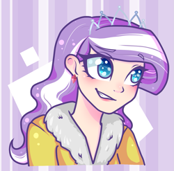 Size: 981x968 | Tagged: safe, artist:thecreativerey, imported from derpibooru, diamond tiara, human, blushing, clothes, cute, diamondbetes, ear piercing, earring, female, fur coat, grin, humanized, jacket, jewelry, piercing, smiling, solo, tiara