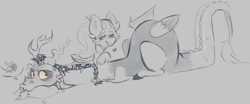 Size: 1470x609 | Tagged: safe, imported from derpibooru, discord, fluttershy, draconequus, pegasus, pony, annoyed, blushing, braiding, duo, female, heart, lying down, male, monochrome, sketch