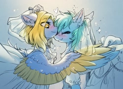 Size: 2048x1483 | Tagged: safe, artist:swaybat, imported from derpibooru, oc, oc only, oc:lunaargebris, oc:nemolongjing, pegasus, pony, clothes, couple, dress, explicit source, female, lesbian, marriage, wedding, wedding dress