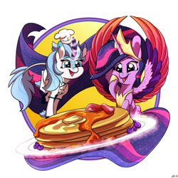 Size: 1280x1280 | Tagged: safe, artist:will-owl-the-wisp, imported from derpibooru, twilight sparkle, oc, oc:fizzy glitch, alicorn, kirin, pony, the last problem, chef's hat, colored wings, commission, duo, female, food, giant food, hat, kirin oc, long mane, mare, multicolored wings, older, older twilight, pancakes, princess twilight 2.0, simple background, spread wings, twilight sparkle (alicorn), white background, wings