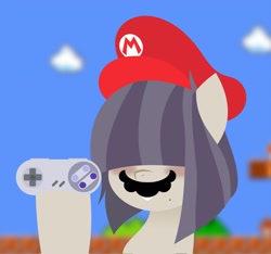 Size: 2048x1918 | Tagged: safe, artist:isaac_pony, imported from derpibooru, oc, oc only, oc:dot matrix, earth pony, pony, beauty mark, bust, cap, controller, fake moustache, hair over eyes, hat, hoof hold, mario, mario hat, mario's hat, solo, super mario bros., super nintendo