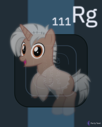 Size: 4000x5000 | Tagged: safe, artist:parclytaxel, imported from derpibooru, oc, oc only, oc:ghastly stitches, ghost, ghost pony, pony, undead, unicorn, series:joycall6's periodic table, .svg available, absurd resolution, barbed wire, chemistry, clothes, commission, floating, glowing, looking at you, male, periodic table, roentgenium, see-through, smiling, solo, stallion, stitches, transparent flesh, vector, x-ray machine