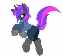 Size: 3111x2791 | Tagged: safe, artist:kurogetsuouji, imported from derpibooru, oc, oc only, oc:dusksworn catalyst, pony, unicorn, boots, clothes, gloves, high res, horn, male, shoes, solo, stallion, sweater, turtleneck, two toned mane, two toned tail, unicorn oc