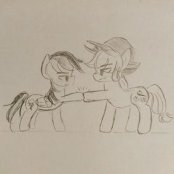 Size: 640x640 | Tagged: safe, artist:snowzaaah, imported from derpibooru, applejack, rainbow dash, earth pony, pegasus, pony, appledash, appledashdailydoodles, doodle, female, lesbian, monochrome, pencil drawing, shipping, sketch, traditional art