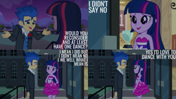 Size: 1280x720 | Tagged: safe, edit, edited screencap, editor:quoterific, imported from derpibooru, screencap, flash sentry, twilight sparkle, equestria girls, equestria girls (movie), bare shoulders, blushing, canterlot high, cute, diasentres, eye contact, fall formal outfits, female, looking at each other, male, open mouth, sleeveless, smiling, strapless, twiabetes, twilight ball dress