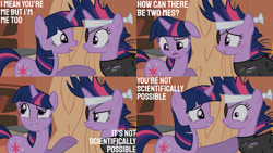 Size: 1280x720 | Tagged: safe, edit, edited screencap, editor:quoterific, imported from derpibooru, screencap, twilight sparkle, pony, unicorn, it's about time, season 2, eyepatch, female, floppy ears, future twilight, golden oaks library, mare, open mouth, smiling, twolight, unicorn twilight