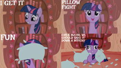 Size: 1280x720 | Tagged: safe, edit, edited screencap, editor:quoterific, imported from derpibooru, screencap, twilight sparkle, pony, unicorn, look before you sleep, season 1, cross-eyed, cute, derp, female, golden oaks library, mare, open mouth, pillow, solo, twiabetes, unicorn twilight