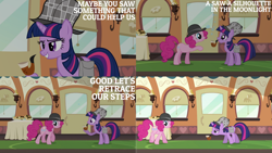 Size: 1280x720 | Tagged: safe, edit, edited screencap, editor:quoterific, imported from derpibooru, screencap, pinkie pie, twilight sparkle, earth pony, pony, unicorn, mmmystery on the friendship express, season 2, bag, bubble pipe, deerstalker, detective, detective hat, female, friendship express, hat, mare, pipe, saddle bag, sherlock holmes, sherlock sparkle, smiling, train, unicorn twilight