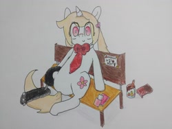 Size: 4000x3000 | Tagged: safe, artist:cherro, imported from derpibooru, oc, oc only, oc:cherry blossom, pony, amputee, bench, bowtie, paint, pigtails, prosthetic limb, prosthetics, runny nose, sitting, solo, this will not end well, tissue, traditional art, wet paint