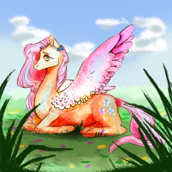 Size: 1200x1200 | Tagged: safe, artist:horsievents, imported from derpibooru, fluttershy, pegasus, pony, grass, hoers, lying down, prone, solo, spread wings, wings