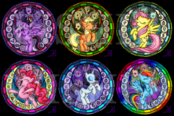 Size: 1280x856 | Tagged: safe, artist:fishiewishes, imported from derpibooru, applejack, fluttershy, pinkie pie, rainbow dash, rarity, twilight sparkle, alicorn, earth pony, pegasus, pony, unicorn, dive to the heart, eyes closed, mane six, rearing, stained glass, twilight sparkle (alicorn)