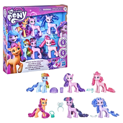 Size: 1200x1200 | Tagged: safe, imported from derpibooru, izzy moonbow, pinkie pie, pipp petals, rainbow dash, sunny starscout, twilight sparkle, alicorn, earth pony, pegasus, pony, unicorn, spoiler:g5, bag, box, brushable, comb, female, g5, hasbro logo, mare, merchandise, my little pony logo, my little pony: a new generation, official, simple background, text, toy, twilight sparkle (alicorn), unicorn twilight, white background