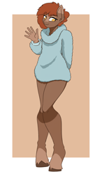 Size: 3508x6000 | Tagged: safe, artist:sneetymist, imported from derpibooru, oc, oc only, oc:soft coffee, anthro, earth pony, unguligrade anthro, arm behind back, blank flank, bottomless, clothes, coat markings, female, fluffy, fluffy sweater, looking away, mare, no tail, partial nudity, shy, simple background, socks (coat markings), solo, sweater, unshorn fetlocks, waving