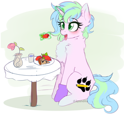 Size: 2538x2322 | Tagged: safe, artist:2pandita, imported from derpibooru, oc, oc only, pony, unicorn, chest fluff, female, food, high res, magic, mare, solo, strawberry, tongue out